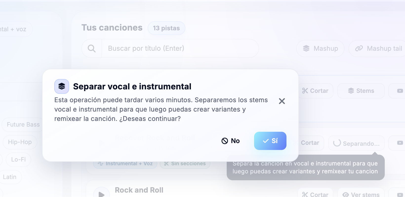 haz click en el button de stems para separar vocal e instrumental